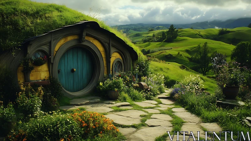 Grass-covered hillside dwelling with circular door in valley.