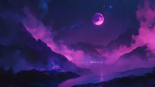 Neon moonlit mountain lake with lone laptop and magenta volumetric fog