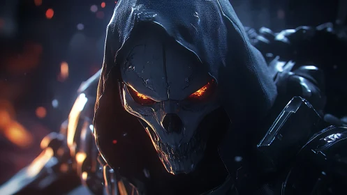 Cyborg reaper skull glows under hood in burning darkness.