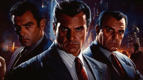 Stoic crime bosses stand united against a glowing city night