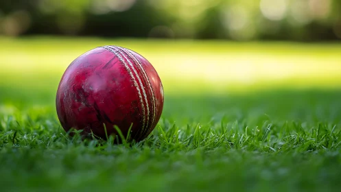 Weathered red cricket ball on trimmed outfield grass plane.