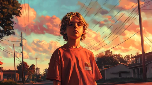 Backlit adolescent stands under saturated sunset cloud field