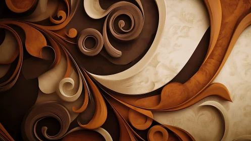 Layered brown abstract swirls with curved paper forms.