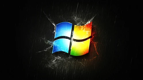 Colorful window logo shatters against dark textured background