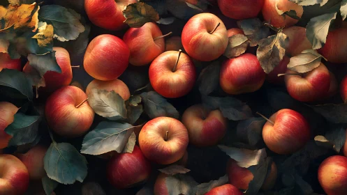 Harvest glow apples tumble through shadowed autumn leaves.