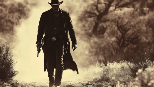 Dusty trail drifter strides through a quiet western hush.