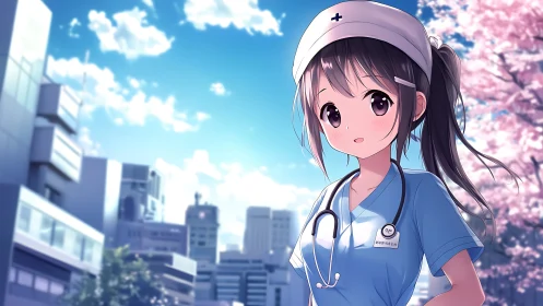 Anime nurse stands in spring hospital courtyard under sky.