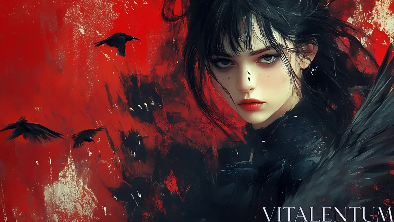 Storm-eyed raven keeper gazes out from a crimson sky