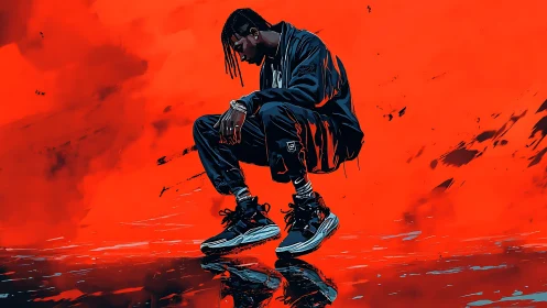 Digital painting of crouched streetwear figure on red field.