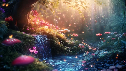 Enchanted forest creek with glowing fairy lights and fungi.
