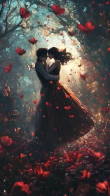 Passion in Bloom: A Romantic Moment Among Falling Red Petals