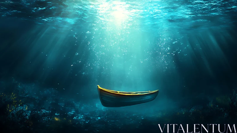 Sunken wooden rowboat in ethereal turquoise seafloor light.