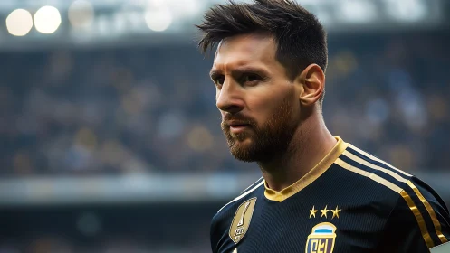 Focused footballer in black kit under stadium bokeh lights.