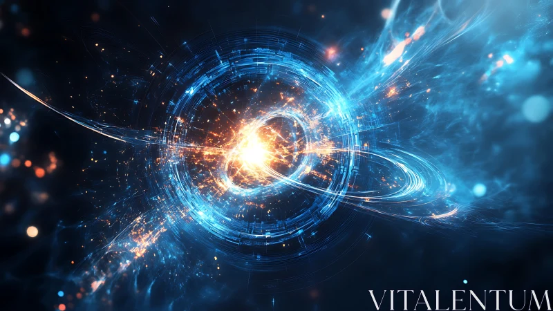 Energetic quantum vortex rendered in luminous blue particle arcs