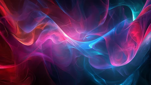 Luminous neon energy waves in flowing abstract ribbons.