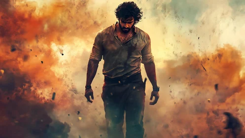 Dustborn drifter strides through fire kissed stormclouds.