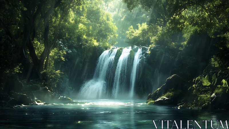 Cascading Waterfall Through Dense Verdant Forest Sanctuary.