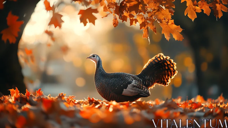 Wild turkey stands in glowing autumn forest light