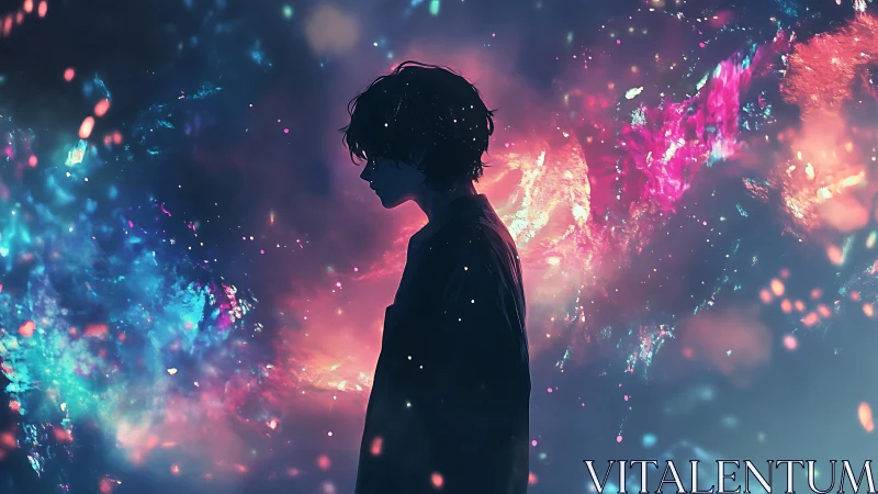 Silhouetted figure before luminous cosmic abstract field.