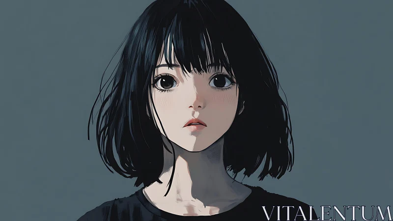 Anime portrait of girl with dark bob against gray backdrop.