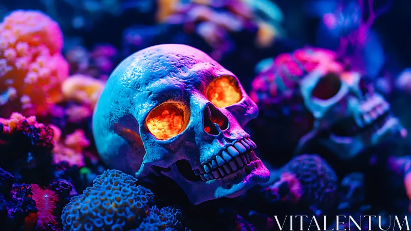 Human skulls rest among coral-like forms under neon lighting
