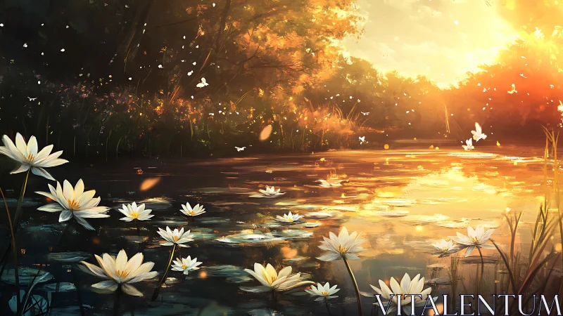 Luminous lily pond under volumetric sunset scattering field.
