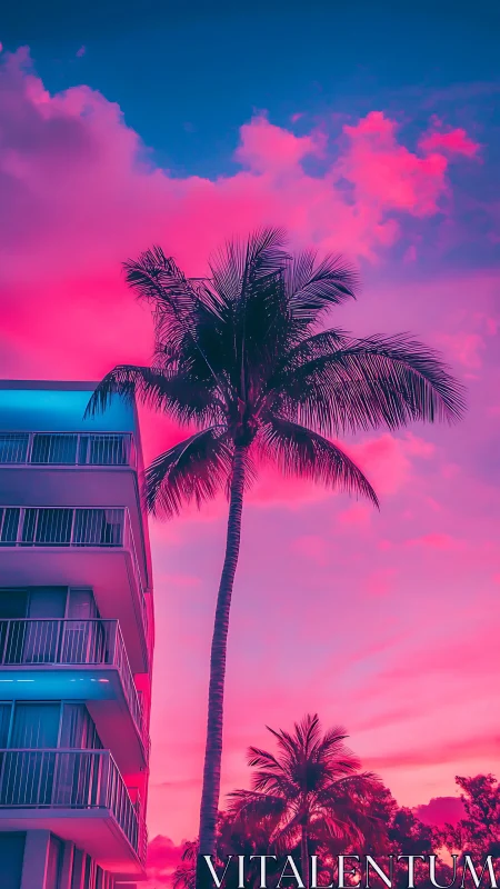 Neon palm tree by modern balcony building at sunset.