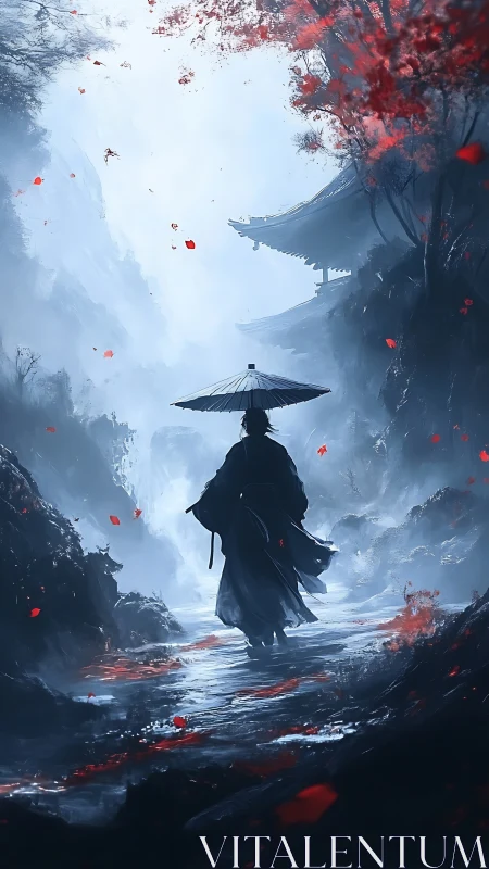 Solitary robed figure beneath parasol in misted ravine path.