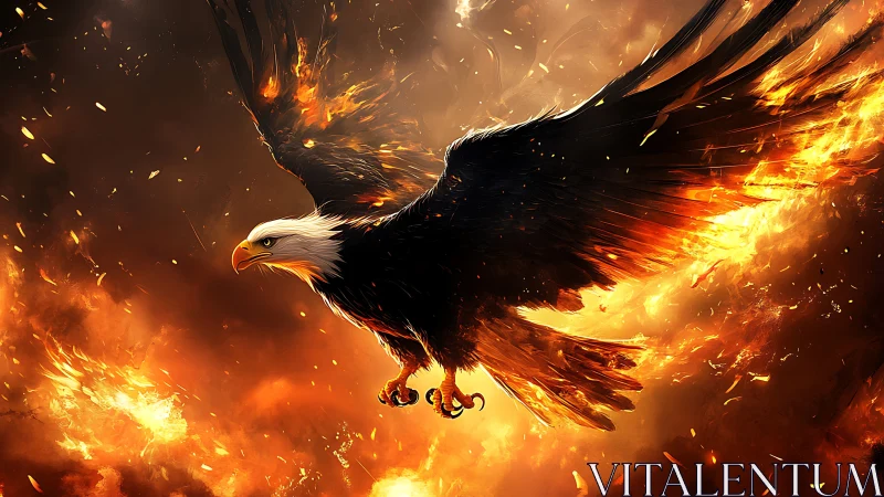 Majestic Bald Eagle Flying Through Flames in Dramatic Digital Art.
