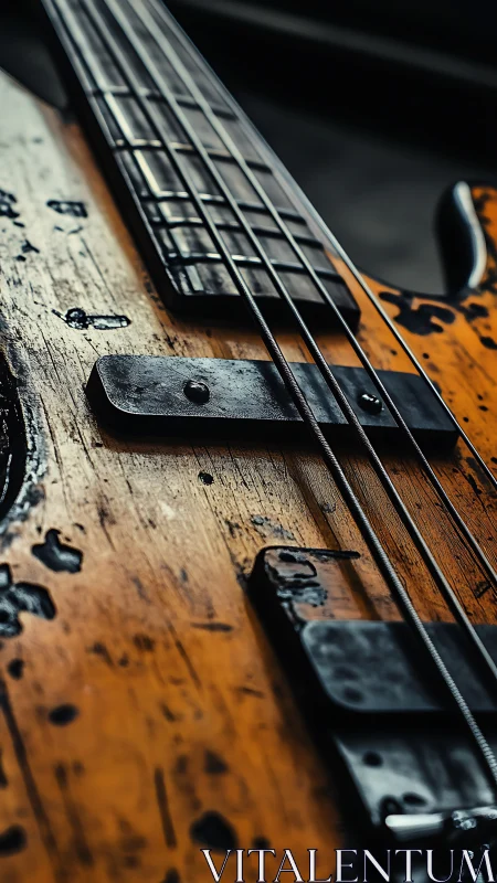 Close-up view shows worn electric bass guitar body surface