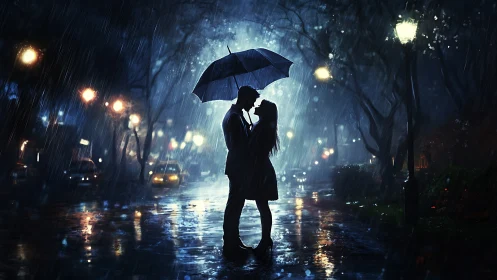Silhouetted couple embracing beneath umbrella in rain-soaked urban street.