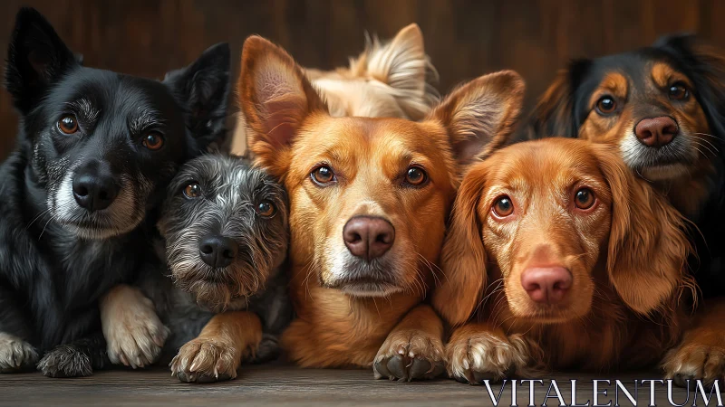 Five attentive dogs share warm light and close focus.