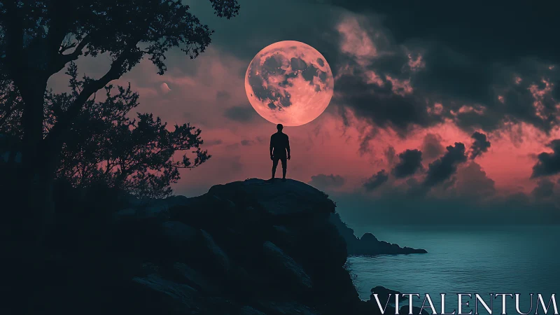 Silhouetted figure on cliff before crimson supermoon seascape.