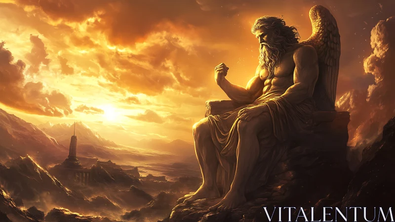 Colossal winged deity seated above glowing mountain realm.