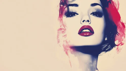 Bold portrait highlights red lips against soft abstract haze.
