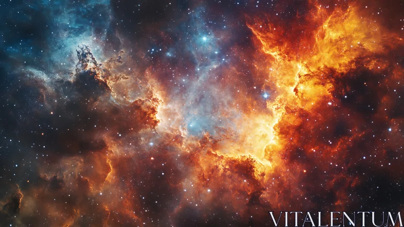 Fiery cosmic nebula clouds glow amid star-filled deep space.