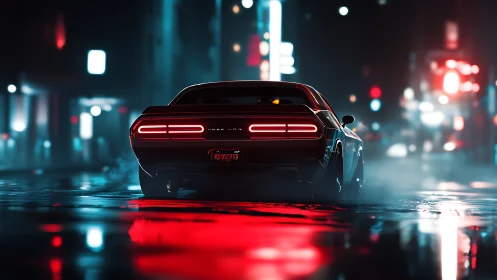 Rear view of muscle car in wet neon lit city street at night.