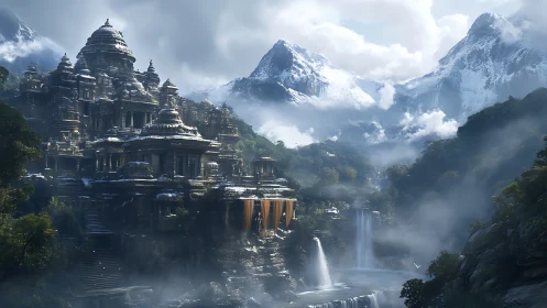 Mountain fortress temple complex rises above misty waterfalls
