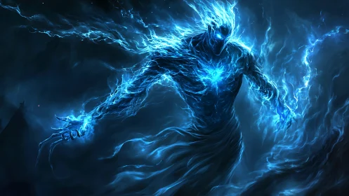 Electric blue energy wraith emerges from swirling darkness