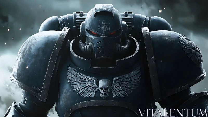 Grimdark armored titan with glowing eyes in stormfall vigil.