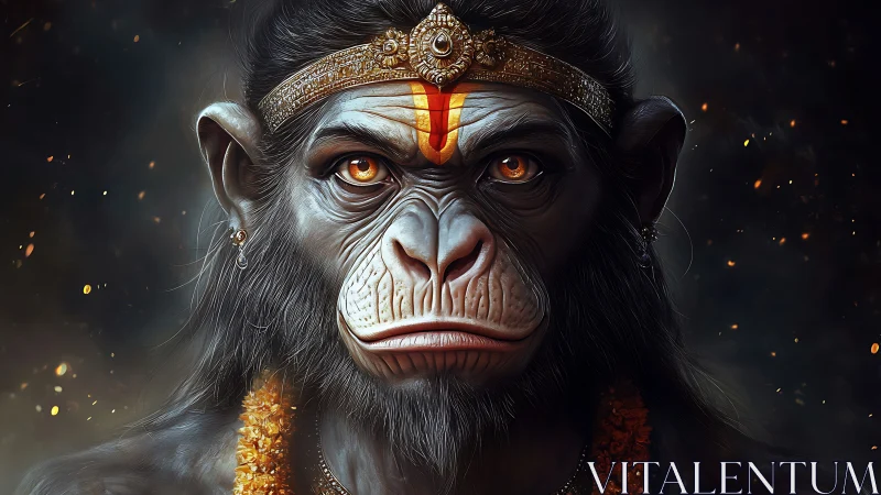 Fiery eyed monkey deity gazes forward with calm strength