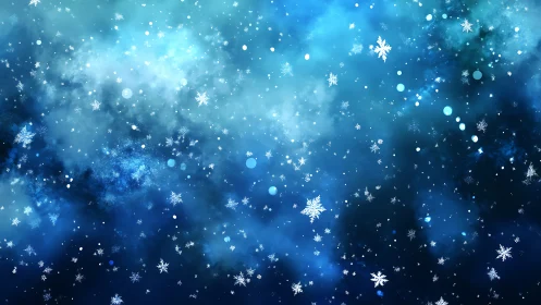 Snowflakes scattering across soft blue winter sky.