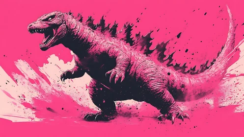 Monochrome magenta kaiju charge with dynamic ink splatter