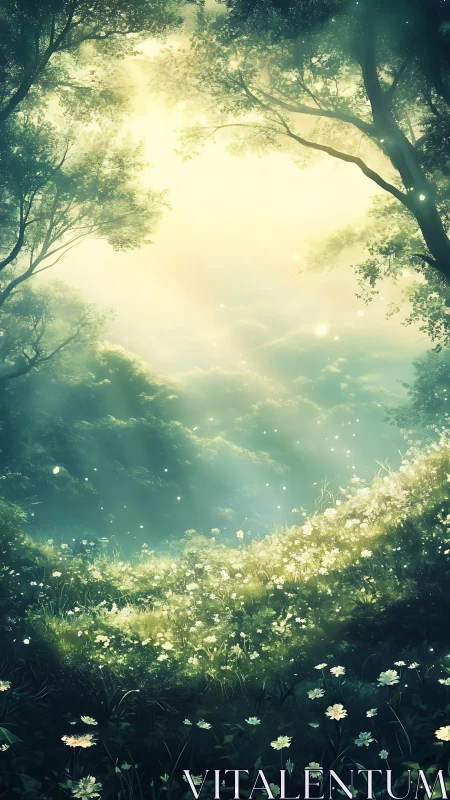 Enchanted forest clearing glows in dreamlike morning light.