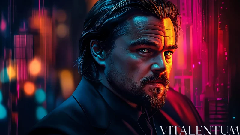 Neon-lit digital portrait of intense man in dark suit.