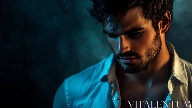 Moody male portrait in dramatic teal and amber rim light.