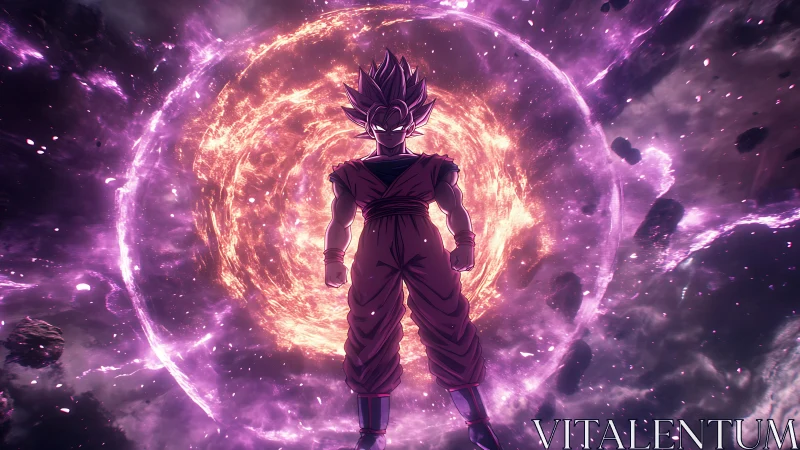 Cosmic warrior glowing before a swirling violet portal.