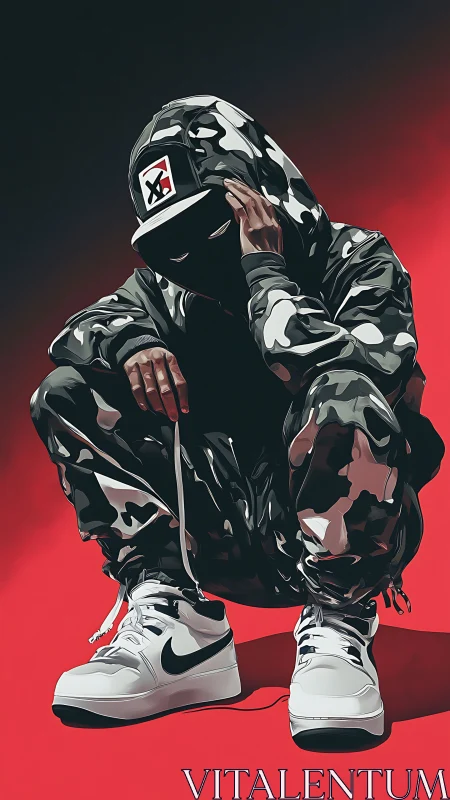Hooded streetwear figure crouching in camo on red backdrop.