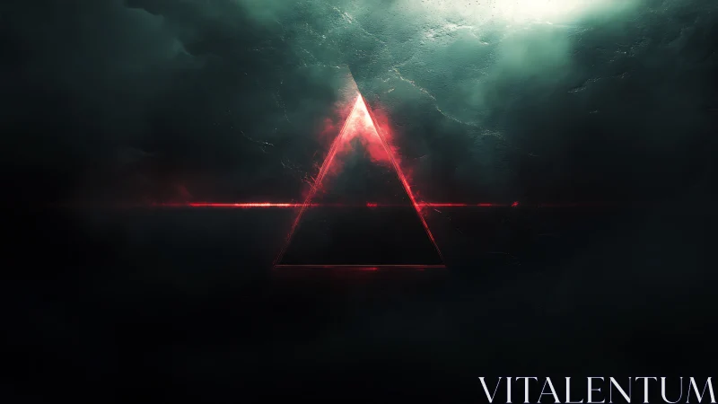 Luminous red triangular prism with laser horizon in dense fog