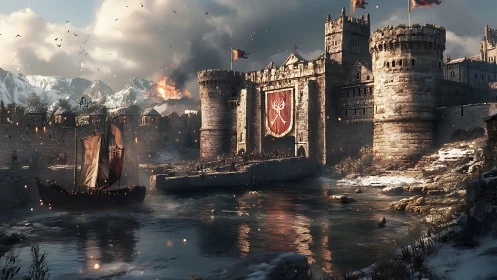 Storm-touched medieval fortress welcomes a wary warship home